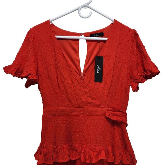 Lulus Red Wrap dress ruffle Knot Tie Sleeves Waist Tie Lined Bodice Size Medium - Picture 5 of 13